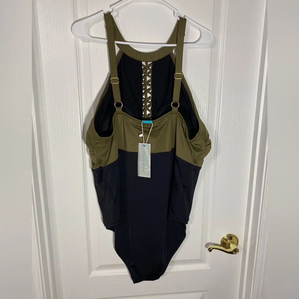 Coastal Blue One Piece Halter Swimsuit w/ Cut Out Detail Olive Black Size 2X